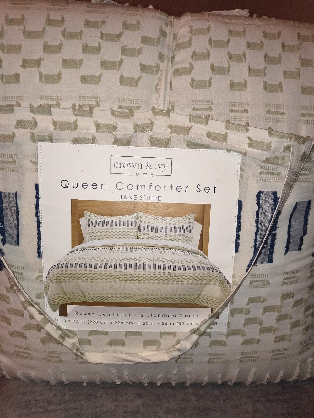 crown & ivy Jane Stripe Comforter Set in Sage and Navy Queen Size